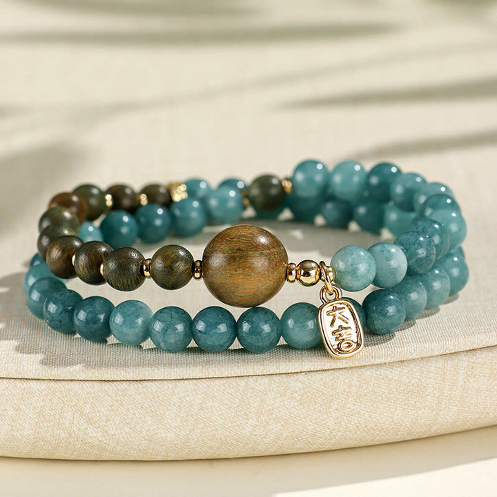 Buddha Stones Blue Chalcedony Green Sandalwood Small Leaf Red Sandalwood Double Wrap Emotional Balance Bracelet - image 1