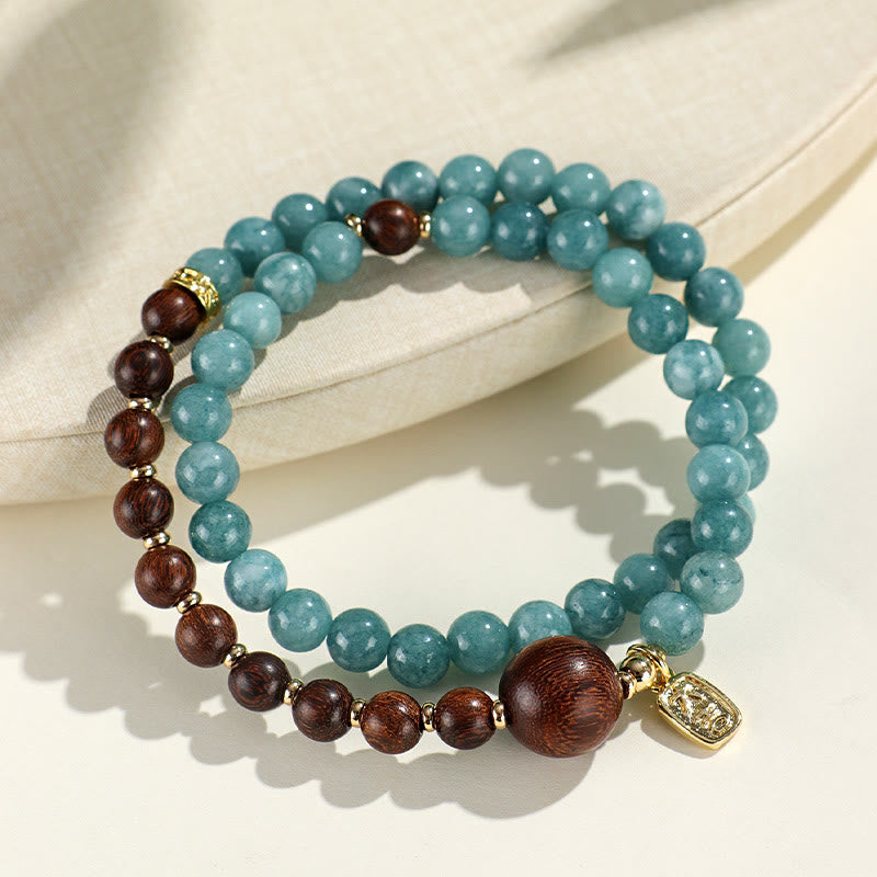 Buddha Stones Blue Chalcedony Green Sandalwood Small Leaf Red Sandalwood Double Wrap Emotional Balance Bracelet - Blue Chalcedony Sandalwood(Wrist Circumference: 14-16cm) - image 12