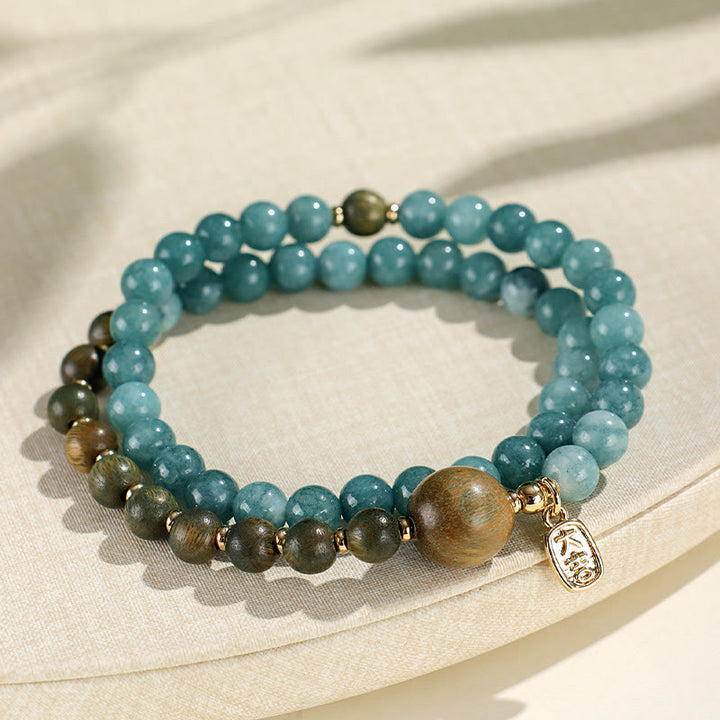 Buddha Stones Blue Chalcedony Green Sandalwood Small Leaf Red Sandalwood Double Wrap Emotional Balance Bracelet - image 2