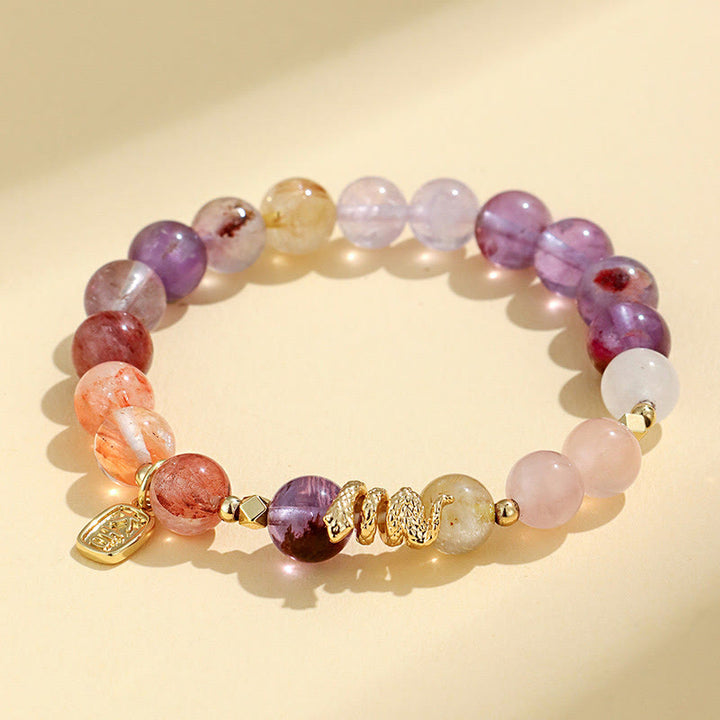 Buddha Stones Various Crystal Pink Crystal Amethyst Year Of The Snake Lucky Bracelet - Amethyst(Wrist Circumference: 14-16.5cm) - image 1