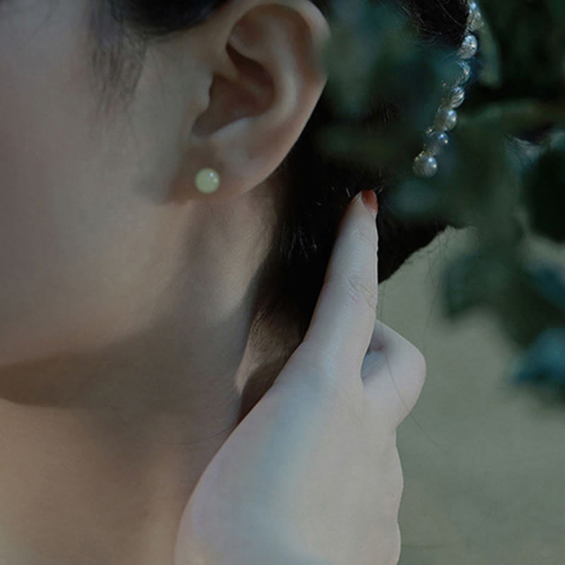 Buddha Stones Round Jade Beaded Luck Stud Earrings - image 6
