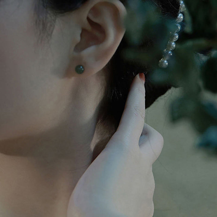 Buddha Stones Round Jade Beaded Luck Stud Earrings - image 14