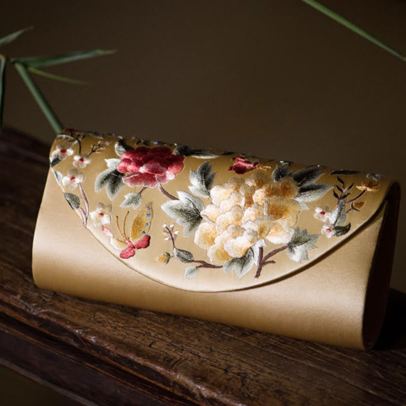 Buddha Stones Peony Tulip Su Embroidery Wedding Shopping Purse Handbag Crossbody Bag - Milk Tea Gold (Peony)24*5.5*11cm - image 0