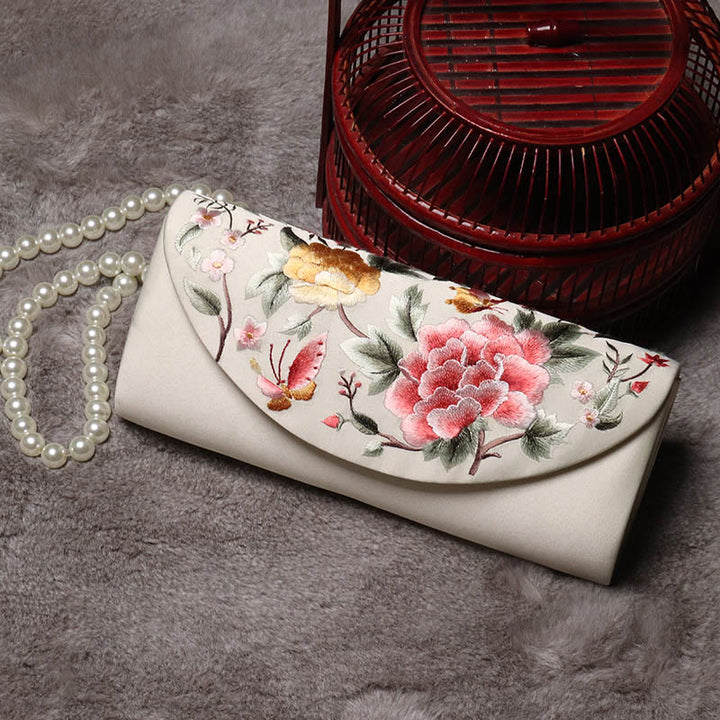 Buddha Stones Peony Tulip Su Embroidery Wedding Shopping Purse Handbag Crossbody Bag - Champagne (Peony)24*5.5*11cm - image 4