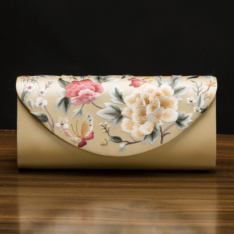 Buddha Stones Peony Tulip Su Embroidery Wedding Shopping Purse Handbag Crossbody Bag - Gold (Peony)24*5.5*11cm - image 14