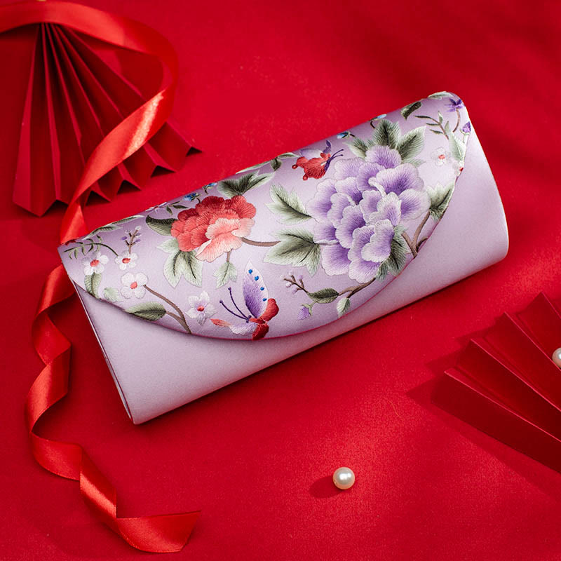 Buddha Stones Peony Tulip Su Embroidery Wedding Shopping Purse Handbag Crossbody Bag - Light Purple (Peony)24*5.5*11cm - image 16