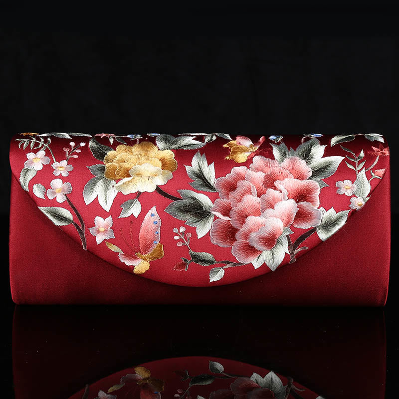 Buddha Stones Peony Tulip Su Embroidery Wedding Shopping Purse Handbag Crossbody Bag - Wine Red (Peony)24*5.5*11cm - image 17