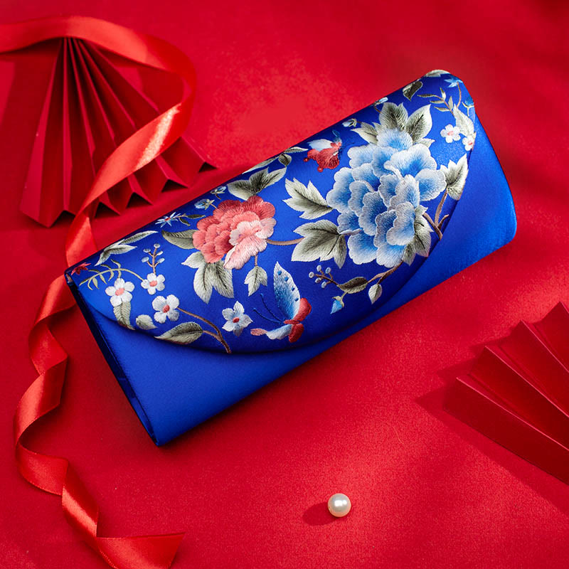 Buddha Stones Peony Tulip Su Embroidery Wedding Shopping Purse Handbag Crossbody Bag - Royal Blue (Peony)24*5.5*11cm - image 26