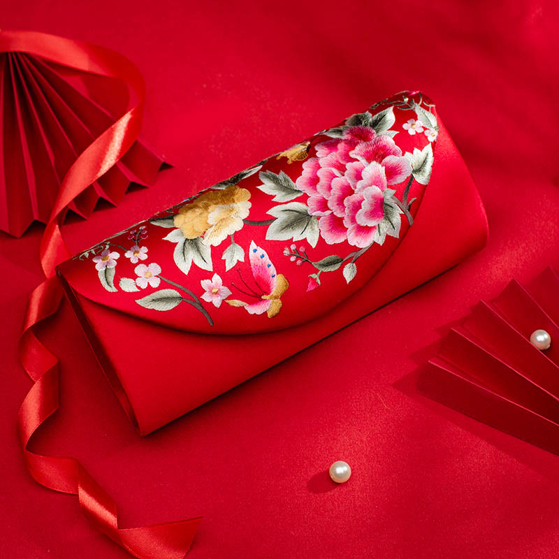 Buddha Stones Peony Tulip Su Embroidery Wedding Shopping Purse Handbag Crossbody Bag - Chinese Red (Peony)24*5.5*11cm - image 28