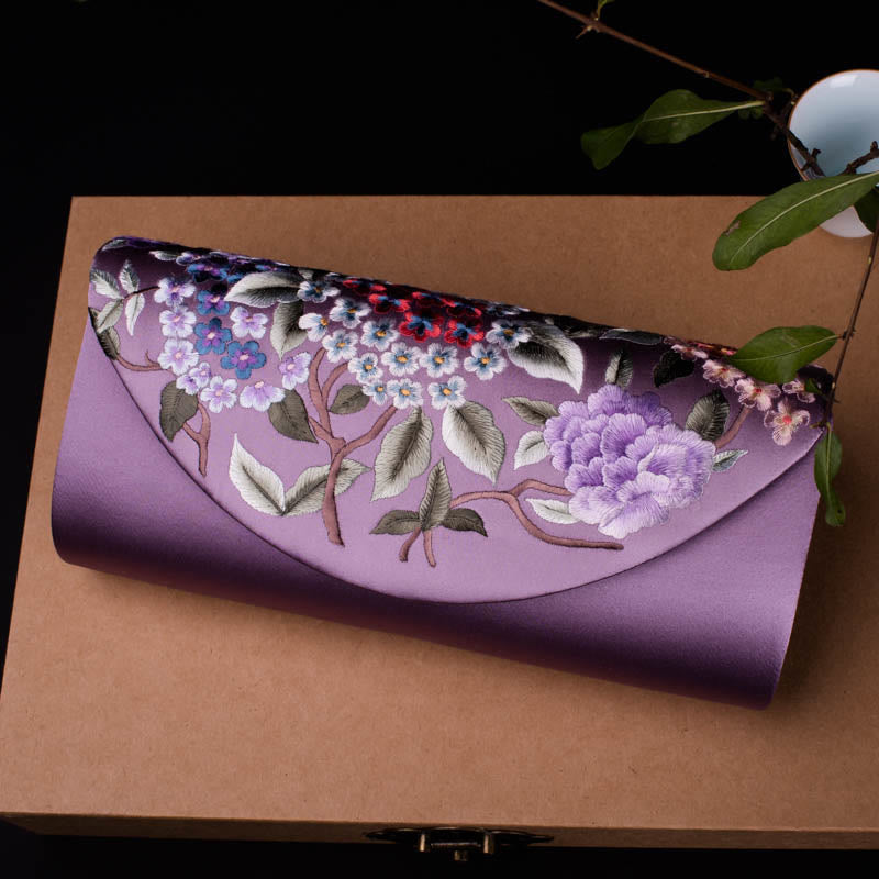 Buddha Stones Hydrangea Su Embroidery Wedding Shopping Wallet Purse Handbag Crossbody Bag - Smoky Purple (Hydrangea)24*5.5*11cm - image 0