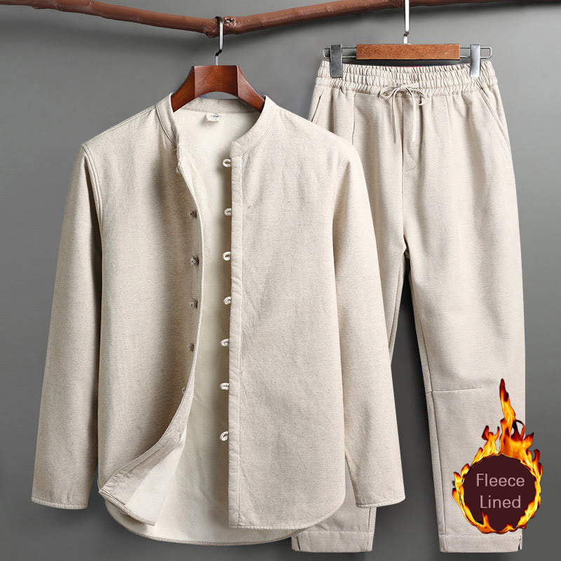Buddha Stones Solid Tang Suit Traditional Fleece Lined Uniform Long Sleeve Top Pants Men's Set - Linen - Top&Pants - US/UK/AU46，EU56 (5XL) - image 0