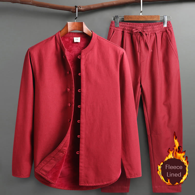 Buddha Stones Solid Tang Suit Traditional Fleece Lined Uniform Long Sleeve Top Pants Men's Set - Red - Top&Pants - US/UK/AU46，EU56 (5XL) - image 19