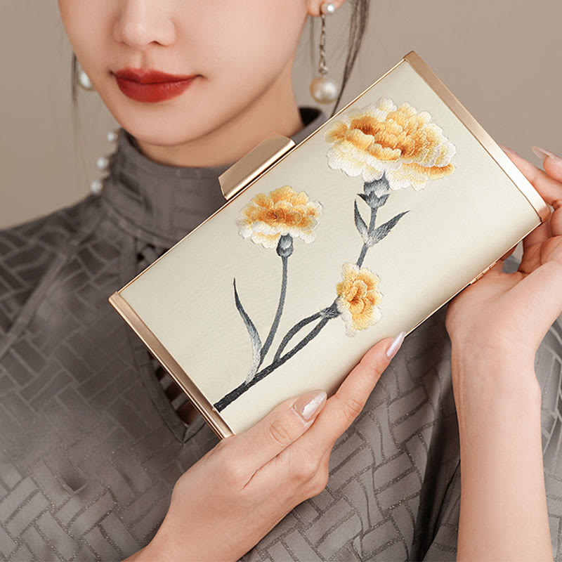 Buddha Stones Carnation Peony Begonia Su Embroidery Wedding Shopping Purse Handbag Crossbody Bag - Champagne (Carnation) 20*11cm - image 1