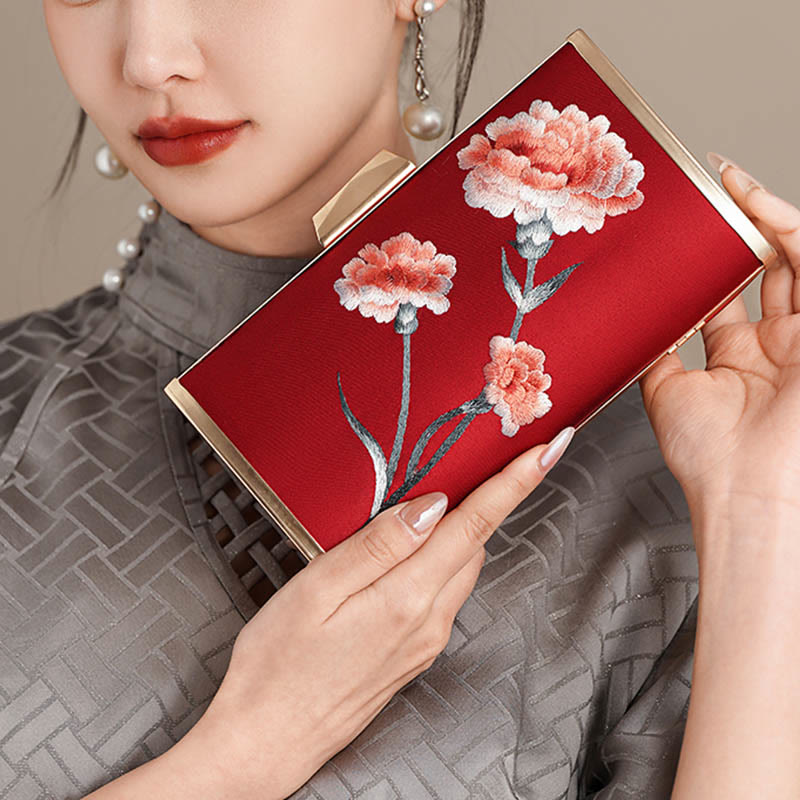 Buddha Stones Carnation Peony Begonia Su Embroidery Wedding Shopping Purse Handbag Crossbody Bag - Wine Red (Carnation) 20*11cm - image 4