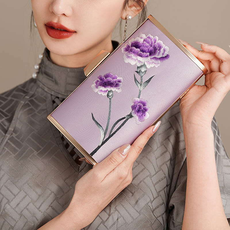 Buddha Stones Carnation Peony Begonia Su Embroidery Wedding Shopping Purse Handbag Crossbody Bag - Smoky Purple (Carnation) 20*11cm - image 5