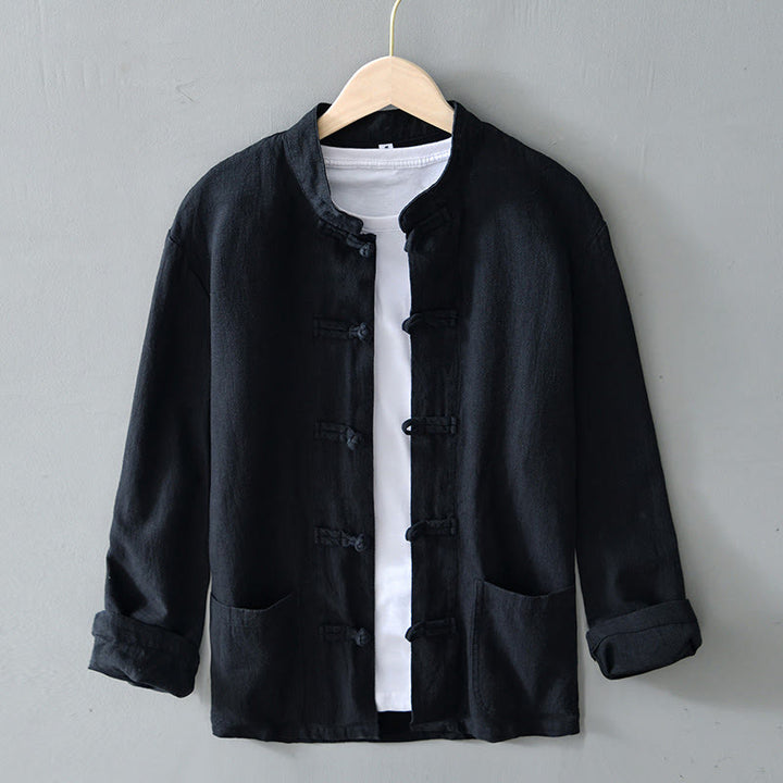 Buddha Stones Frog-Button Chinese Tang Suit Cotton Linen Men Shirt With Pockets - Black - US/UK/AU50，EU60 (5XL) - image 13