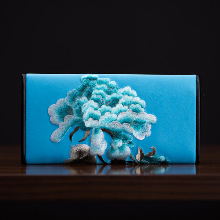 Buddha Stones Peony Flower Su Embroidery Journey Shopping Long Purse Handbag  - Blue (20*10cm) - image 11