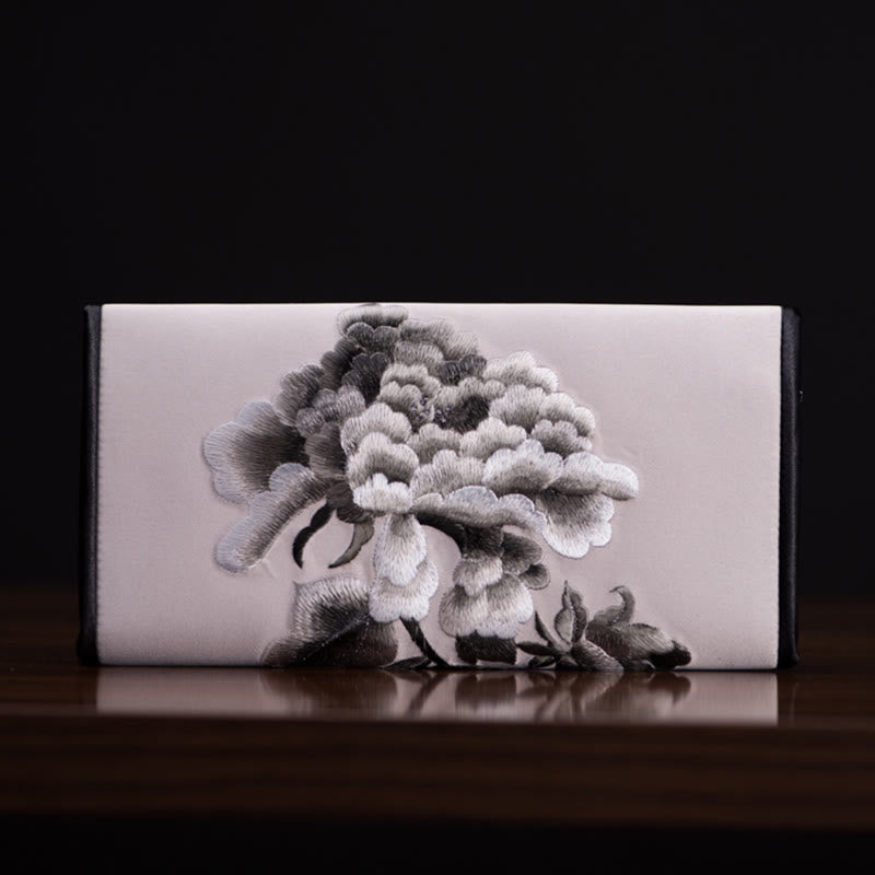 Buddha Stones Peony Flower Su Embroidery Journey Shopping Long Purse Handbag  - Gray (20*10cm) - image 12