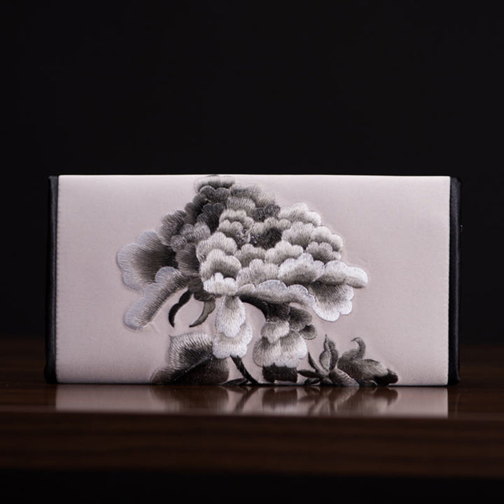 Buddha Stones Peony Flower Su Embroidery Journey Shopping Long Purse Handbag  - Gray (20*10cm) - image 12