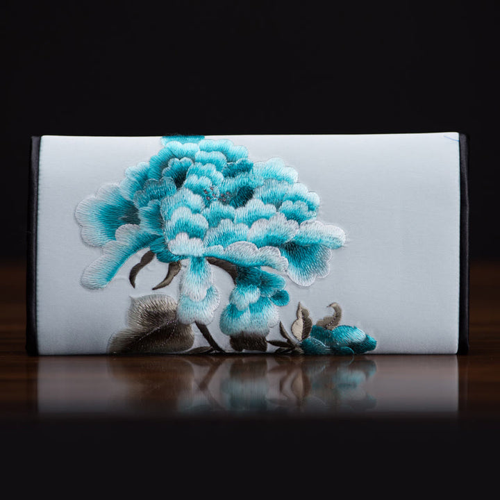 Buddha Stones Peony Flower Su Embroidery Journey Shopping Long Purse Handbag  - Light blue (20*10cm) - image 13