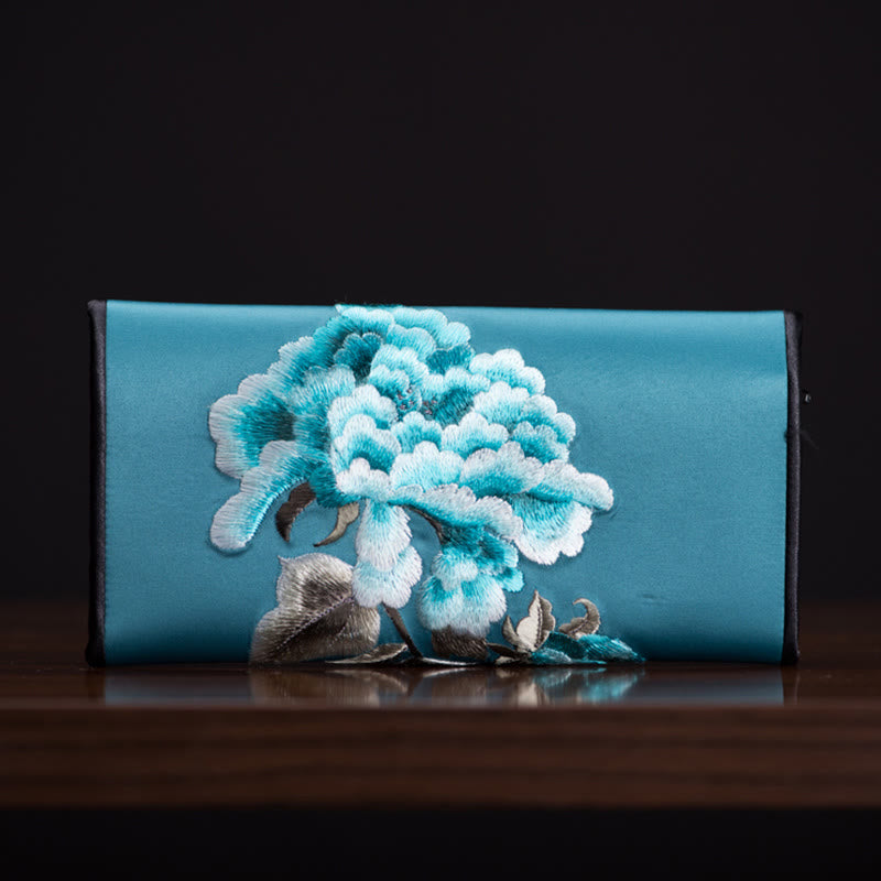 Buddha Stones Peony Flower Su Embroidery Journey Shopping Long Purse Handbag  - Lake blue (20*10cm) - image 14