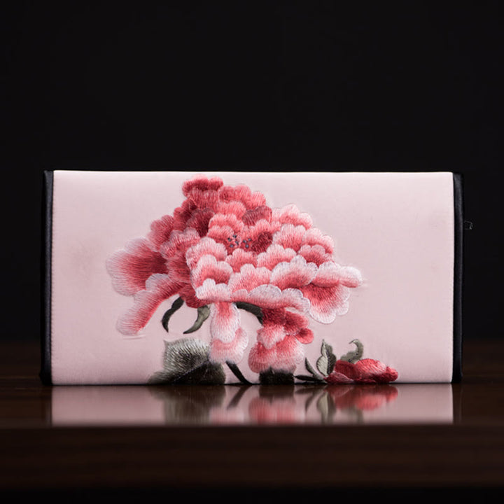 Buddha Stones Peony Flower Su Embroidery Journey Shopping Long Purse Handbag  - Light pink (20*10cm) - image 15