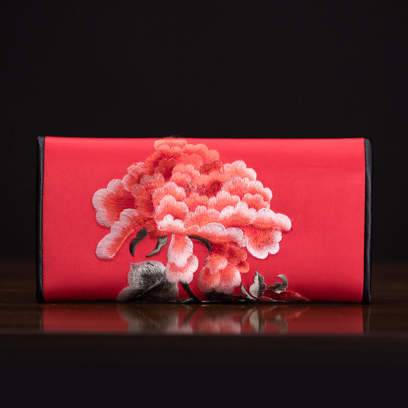 Buddha Stones Peony Flower Su Embroidery Journey Shopping Long Purse Handbag  - Red (20*10cm) - image 16