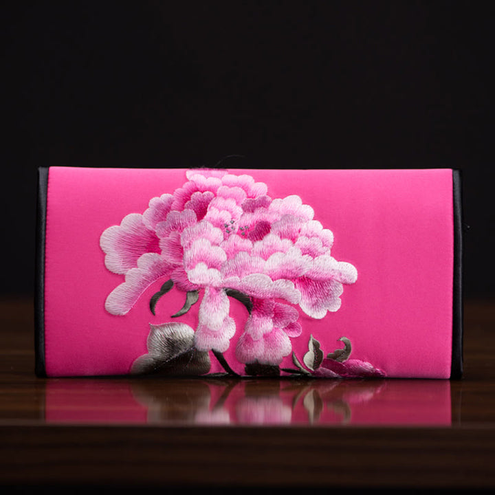 Buddha Stones Peony Flower Su Embroidery Journey Shopping Long Purse Handbag  - Rose red (20*10cm) - image 17