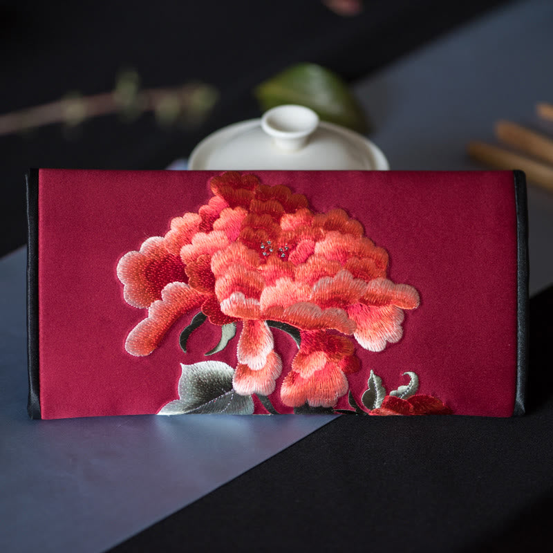 Buddha Stones Peony Flower Su Embroidery Journey Shopping Long Purse Handbag  - Deep red (20*10cm) - image 24