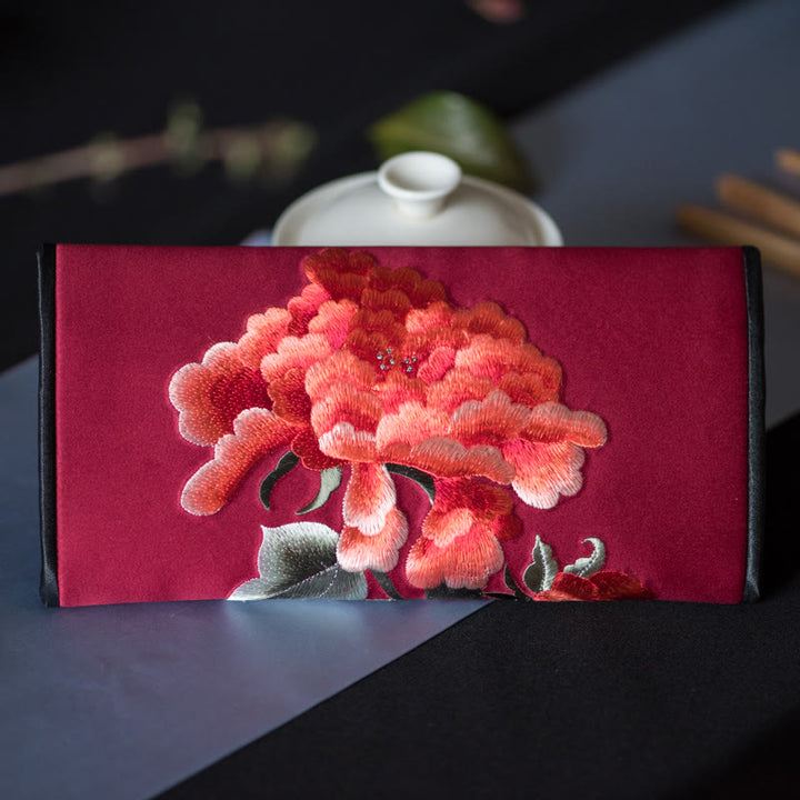 Buddha Stones Peony Flower Su Embroidery Journey Shopping Long Purse Handbag  - Deep red (20*10cm) - image 24