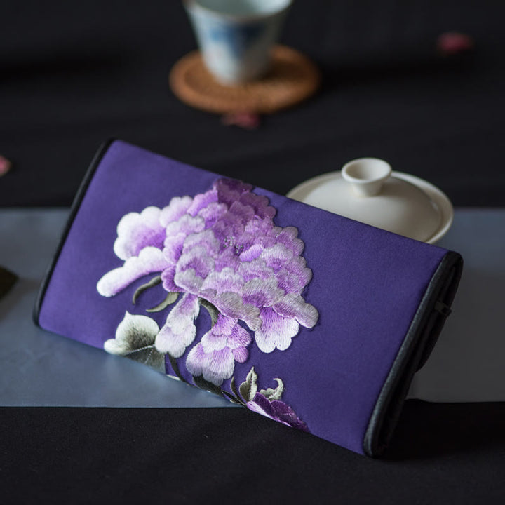 Buddha Stones Peony Flower Su Embroidery Journey Shopping Long Purse Handbag  - Deep purple (20*10cm) - image 25