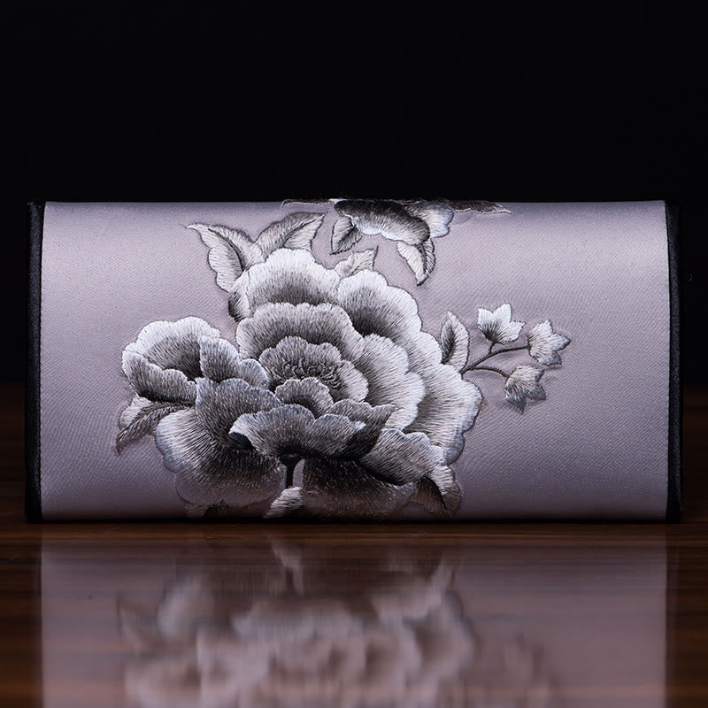 Buddha Stones Peony Su Embroidery Journey Shopping Long Purse Handbag  - Light gray (20*10cm) - image 1