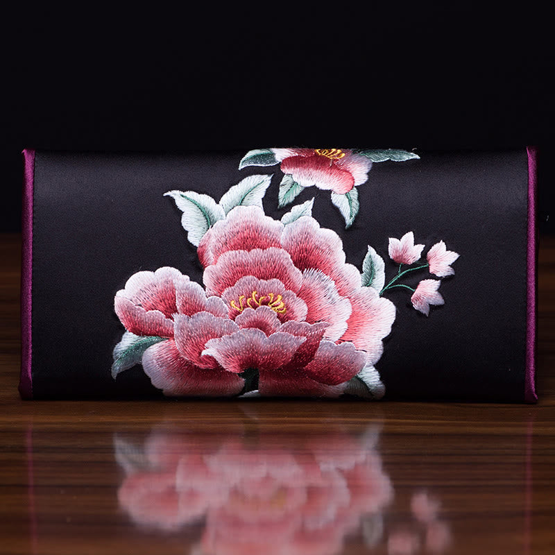 Buddha Stones Peony Su Embroidery Journey Shopping Long Purse Handbag  - Black (20*10cm) - image 2