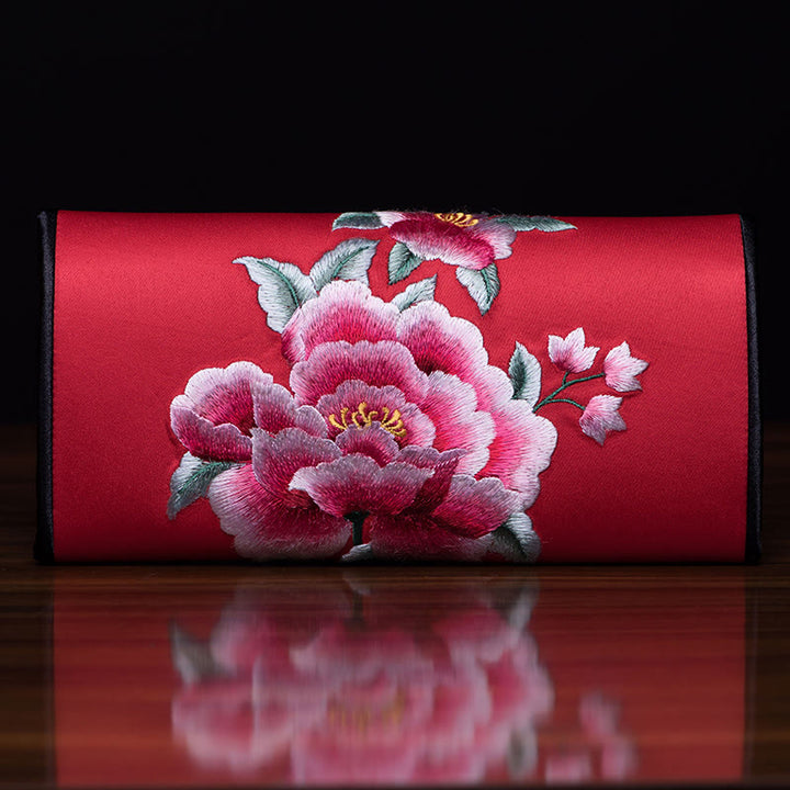 Buddha Stones Peony Su Embroidery Journey Shopping Long Purse Handbag  - Red (20*10cm) - image 3