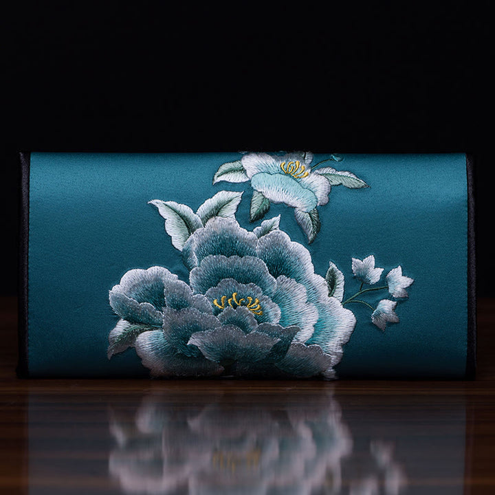Buddha Stones Peony Su Embroidery Journey Shopping Long Purse Handbag  - Lake blue (20*10cm) - image 4