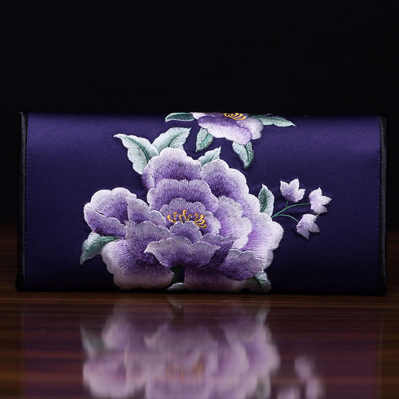 Buddha Stones Peony Su Embroidery Journey Shopping Long Purse Handbag  - Dark purple (20*10cm) - image 5