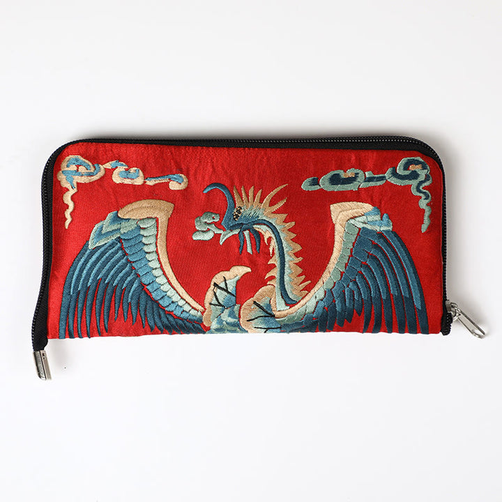 Buddha Stones Mythical Beast Phoenix Dragon Qilin Su Embroidery Ticket Folder Storage Journey Shopping Purse Handbag  - Phoenix (Red) 23*23cm - image 1