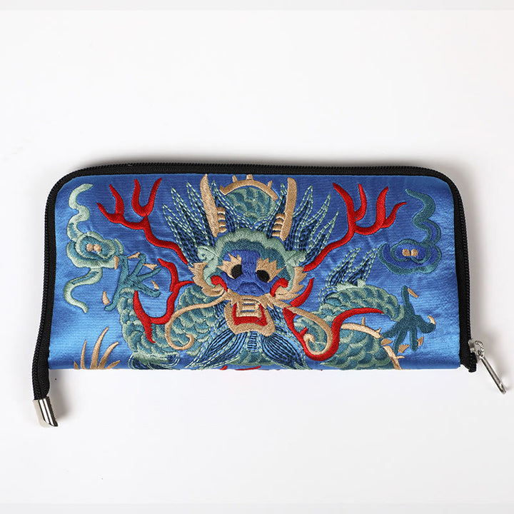 Buddha Stones Mythical Beast Phoenix Dragon Qilin Su Embroidery Ticket Folder Storage Journey Shopping Purse Handbag  - Dragon Pattern (Cobalt Blue) 23*23cm - image 14