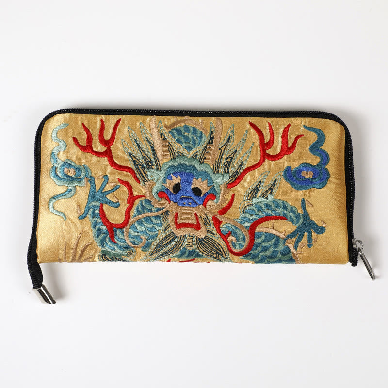Buddha Stones Mythical Beast Phoenix Dragon Qilin Su Embroidery Ticket Folder Storage Journey Shopping Purse Handbag  - Dragon Pattern (Golden) 23*23cm - image 16
