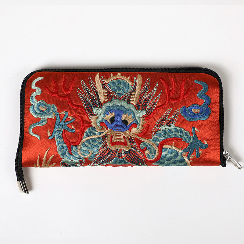 Buddha Stones Mythical Beast Phoenix Dragon Qilin Su Embroidery Ticket Folder Storage Journey Shopping Purse Handbag  - Dragon Pattern (Orange) 23*23cm - image 20