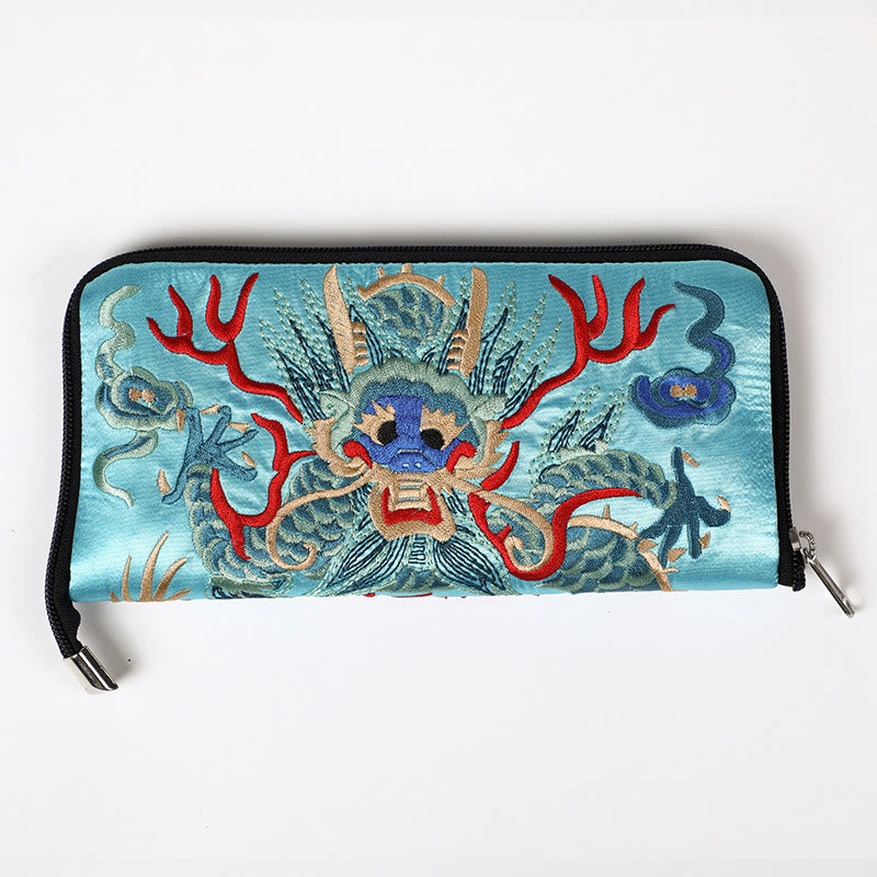 Buddha Stones Mythical Beast Phoenix Dragon Qilin Su Embroidery Ticket Folder Storage Journey Shopping Purse Handbag  - Dragon Pattern (Turquoise) 23*23cm - image 21