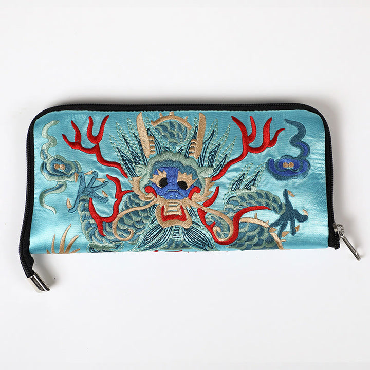 Buddha Stones Mythical Beast Phoenix Dragon Qilin Su Embroidery Ticket Folder Storage Journey Shopping Purse Handbag  - Dragon Pattern (Turquoise) 23*23cm - image 21