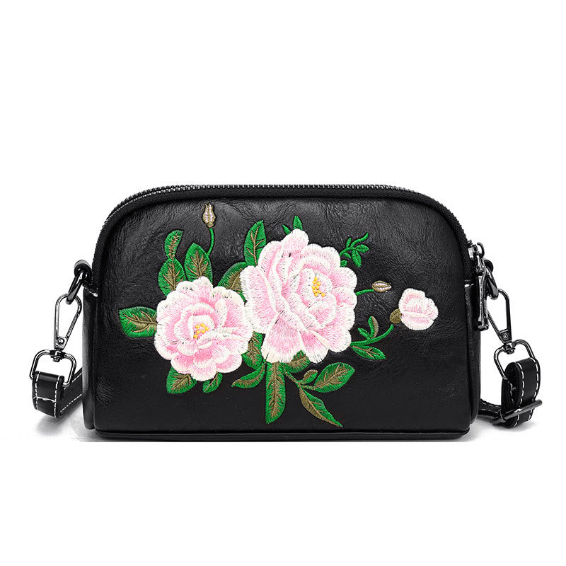 Buddha Stones Peony Pomegranate Flowers Su Embroidery Journey Shopping Purse Shoulder Bag Crossbody Bag - Black (Peony) 15*7*18cm - image 0