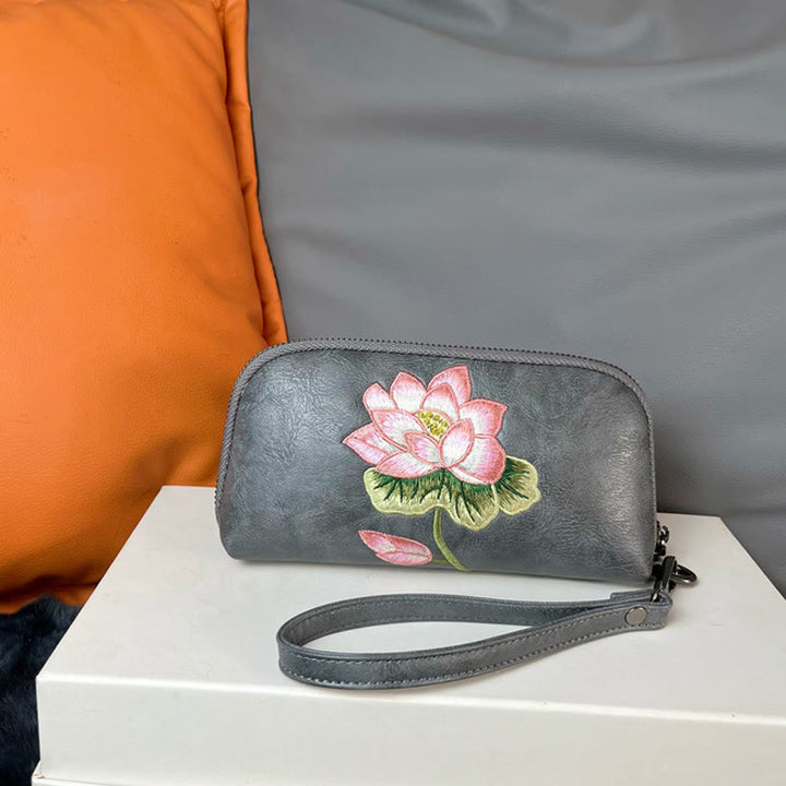 Buddha Stones Lotus Su Embroidery Journey Shopping Purse Handbag - Gray (Lotus) 19*4.5*10cm - image 1