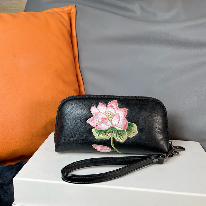 Buddha Stones Lotus Su Embroidery Journey Shopping Purse Handbag - Black (Lotus) 19*4.5*10cm - image 5