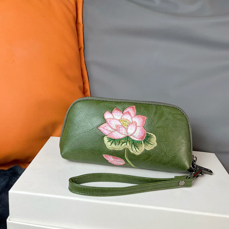 Buddha Stones Lotus Su Embroidery Journey Shopping Purse Handbag - Green (Lotus) 19*4.5*10cm - image 11
