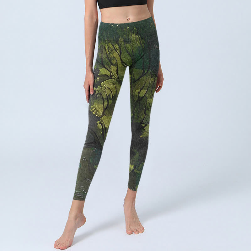 Buddha Stones ForestGreen Leaves Black Lines Print Exercise Leggings Women's Yoga Pants - image 5