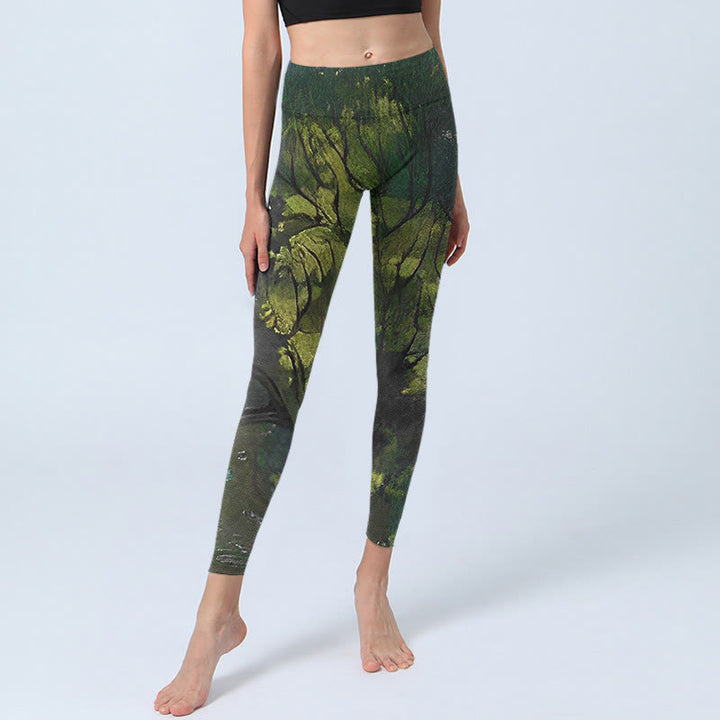 Buddha Stones ForestGreen Leaves Black Lines Print Exercise Leggings Women's Yoga Pants - image 5
