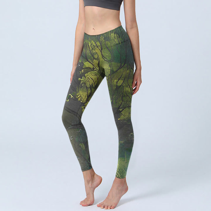 Buddha Stones ForestGreen Leaves Black Lines Print Exercise Leggings Women's Yoga Pants - ForestGreen - US18，UK/AU22，EU50 (4XL) - image 0