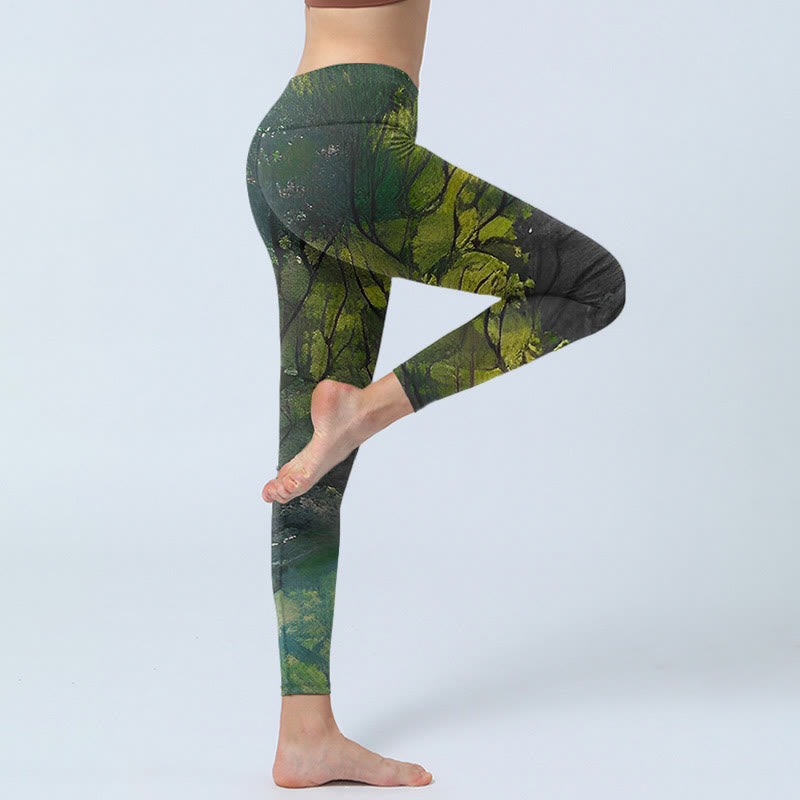 Buddha Stones ForestGreen Leaves Black Lines Print Exercise Leggings Women's Yoga Pants - image 3